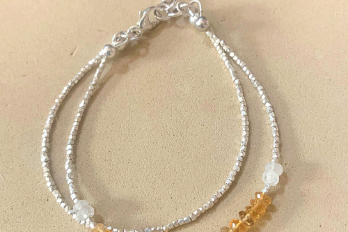 Citrine Bracelet, Hill Tribe Fine Silver Bracelet, Gemstone Bracelet, Citrine and Moonstone Bracelet, Multistrand Adjustable Bracelet