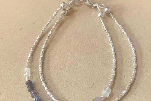 Iolite and Moonstone Bracelet, Hill Tribe Fine Silver Bracelet, Gemstone Bracelet,  Multistrand Adjustable Bracelet