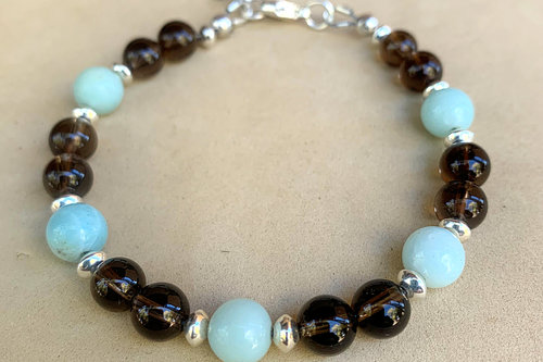 Gemstone and Sterling Silver Bracelet, Amazonite and Smokey Quartz Beaded Bracelet, Adjustable Bracelet