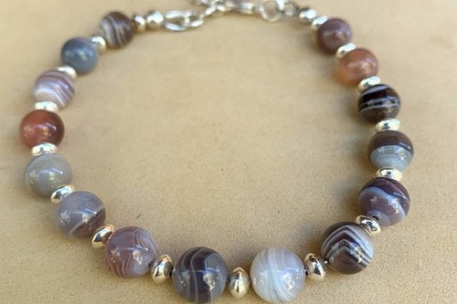Botswana Agate and Sterling Silver Bracelet, Adjustable, Beaded Gemstone Bracelet