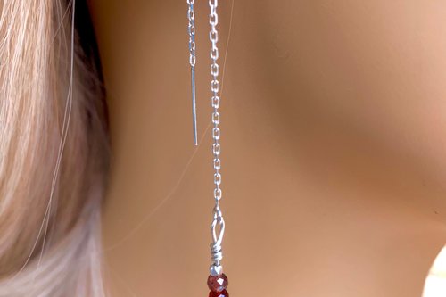 Garnet Earrings, Hill Tribe Fine Silver Earrings,  Garnet Threader Earrings, Valentine Gift, Long Dangle Earrings, Gemstone Earrings