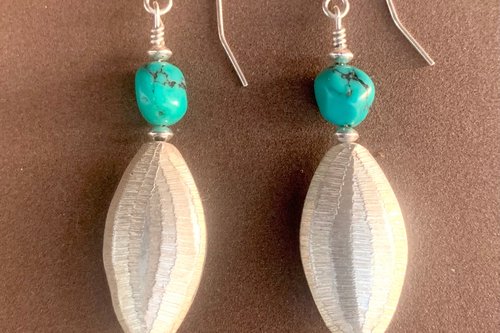 Turquoise Earrings, Hill Tribe Fine Silver Earrings, Turquoise Nugget Earrings, Long Dangle Earrings