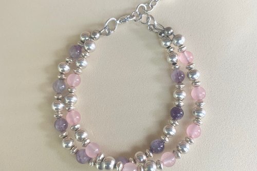 Amethyst and Rose Quartz Bracelet, Sterling Silver Bracelet, Multistrand Gemstone Bracelet