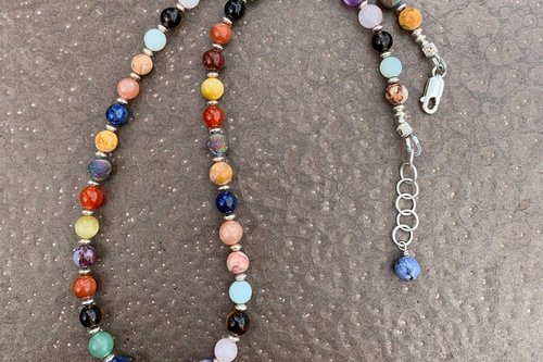 Multicolored Gemstone Necklace with Sterling Silver Beads.